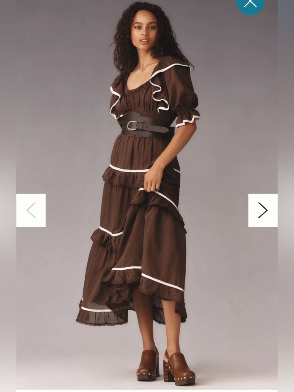 Anthropology Puff Sleeves Scoop Neck Tiered Maxi Dress Brown Cottagecore